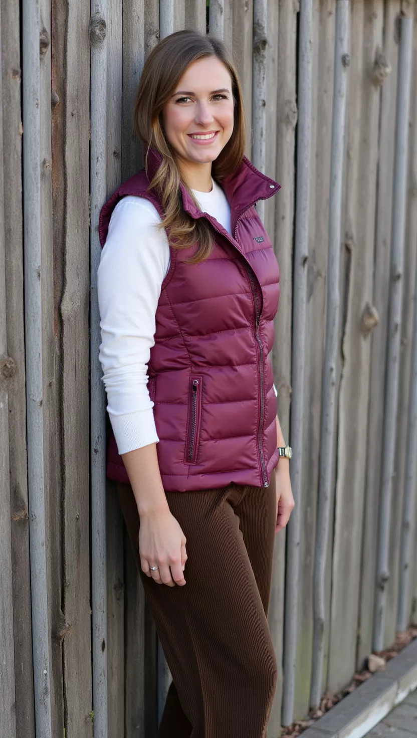 A beautiful woman in a maroon puffer vest, a white long-sleeve thermal shirt, dark brown straight-leg corduroy pants, and classic duck boots, leaning against a rustic fence.