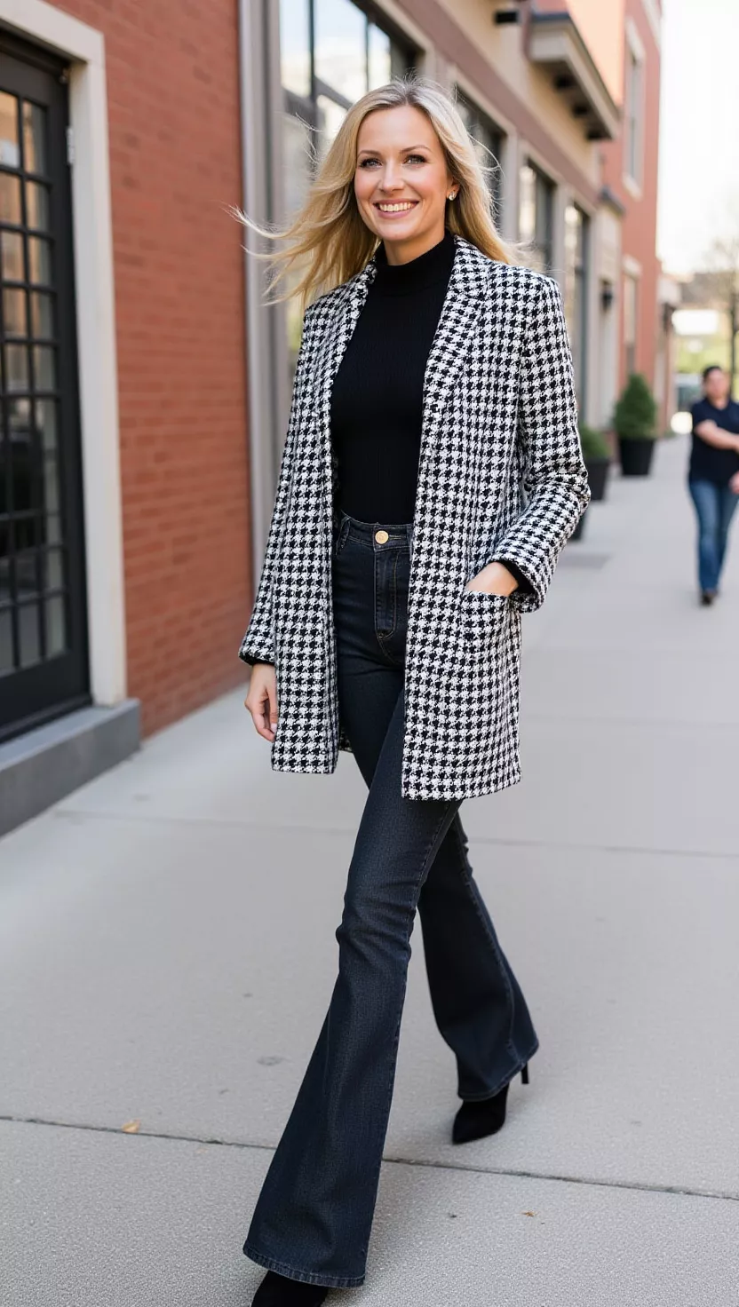 A beautiful woman in a sophisticated black and white houndstooth coatigan, a black ribbed turtleneck, dark wash flare jeans, and black platform boots, walking in a city.