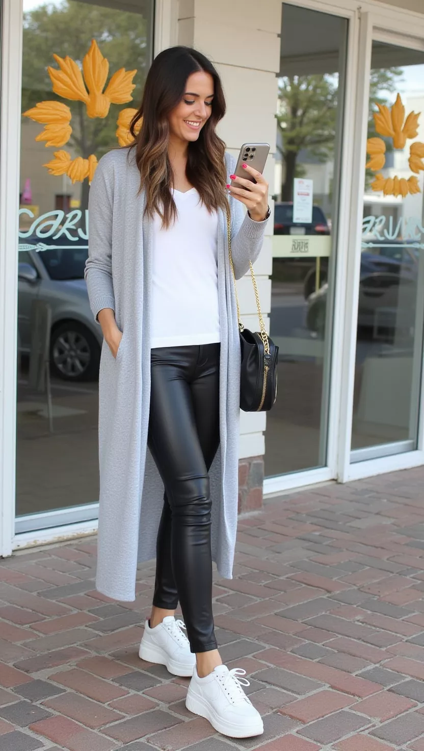 A beautiful woman in a longline gray cardigan, a white basic tee, black faux leather leggings, and white platform sneakers, looking at her phone.