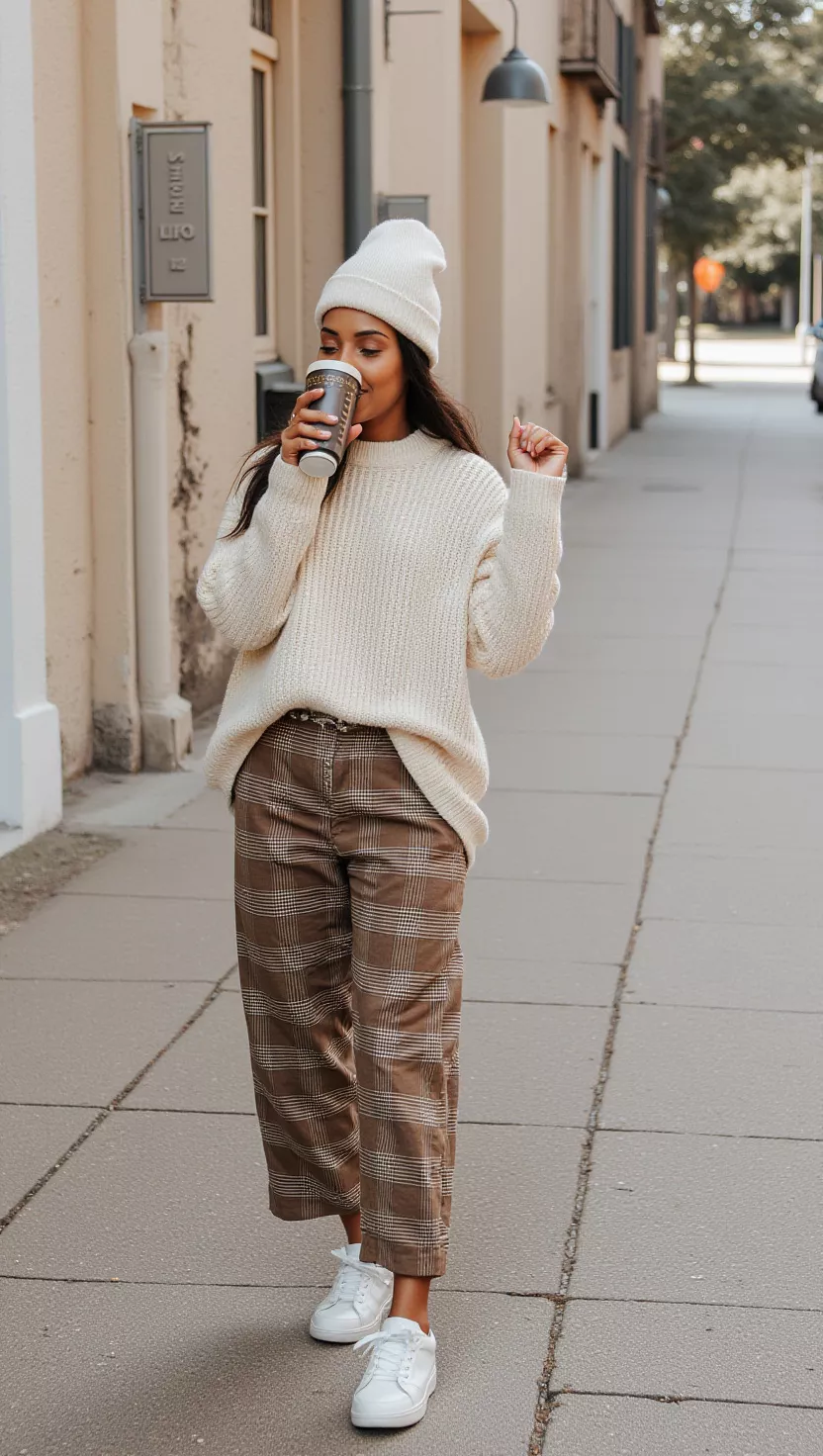 Cream Knit Sweater + Brown Plaid Trousers + White Sneakers + Beanie A beautiful woman in a cream knit sweater, brown plaid trousers, white sneakers, and a cream beanie, she sips from a travel mug.