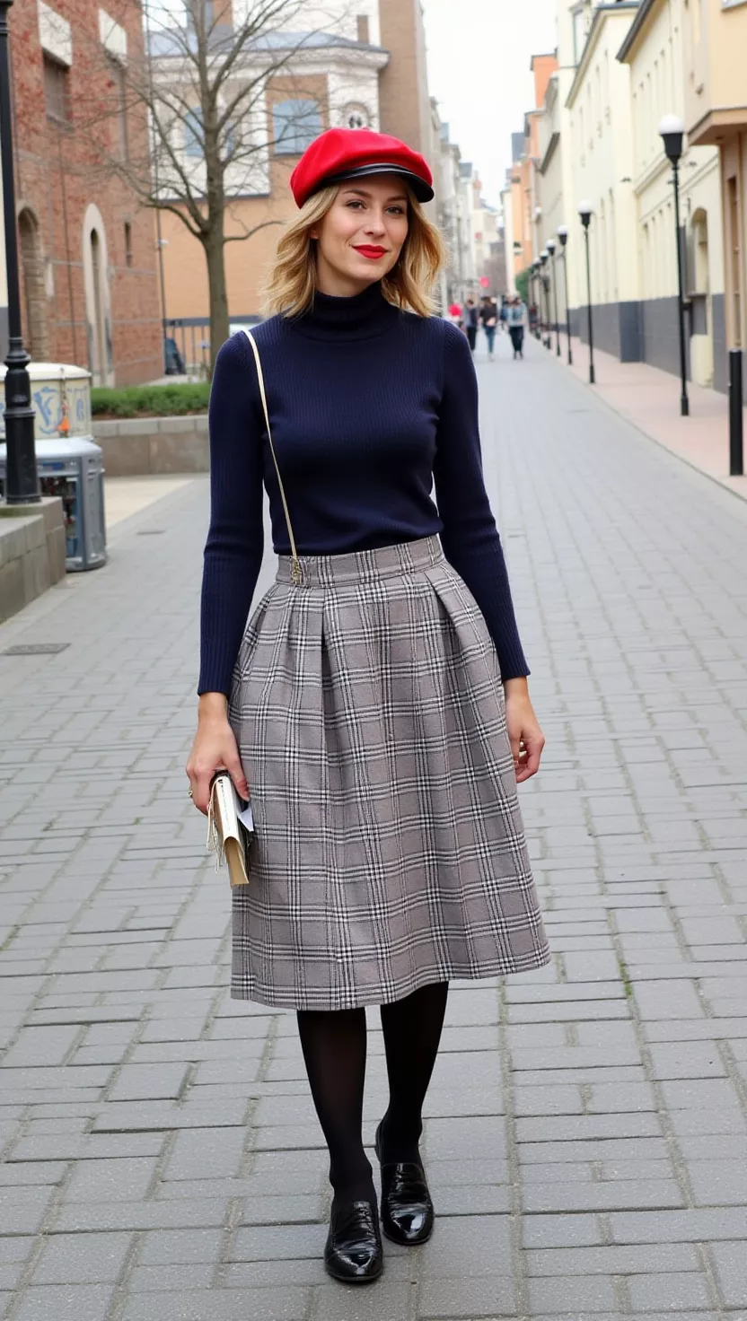 A beautiful woman in a navy turtleneck sweater, a plaid midi skirt, black tights, black loafers, and a red beret, carrying a book.