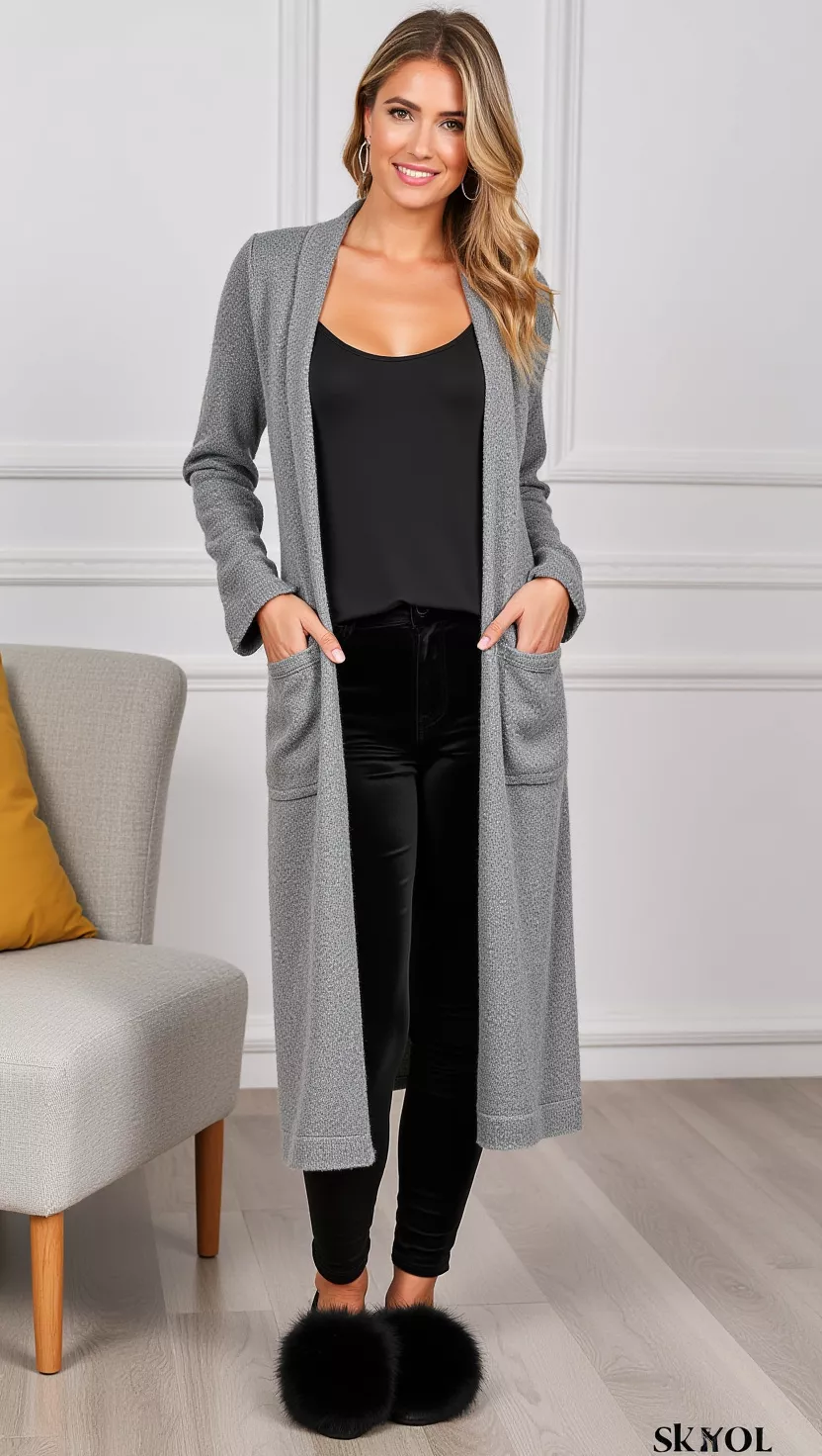 A beautiful woman in a long gray longline cardigan, a black camisole, black velvet leggings, and black faux fur slippers.