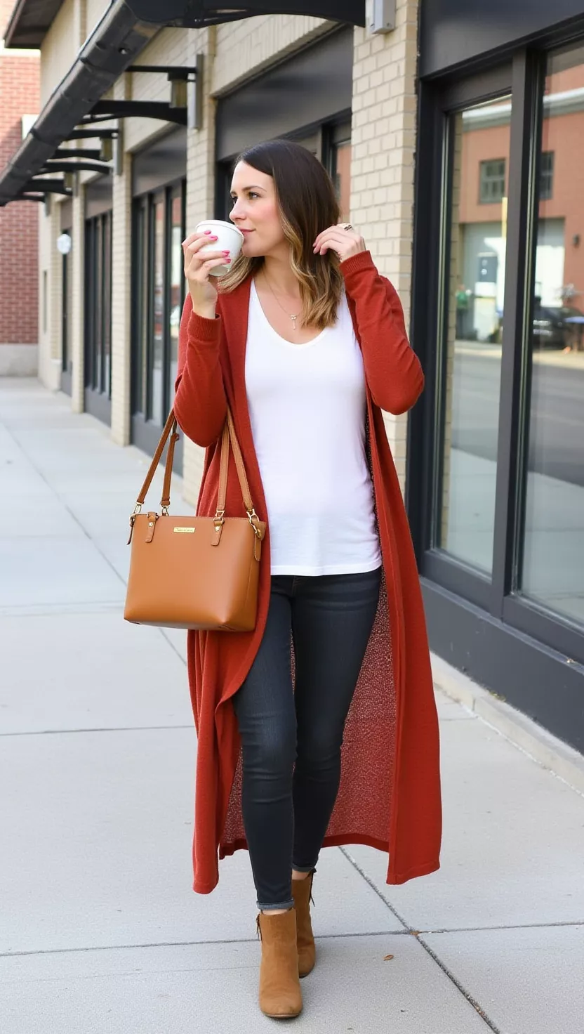 A beautiful woman in a flowing rust-colored maxi cardigan, a plain white basic tee, dark wash skinny jeans, and brown suede booties, she sips coffee outside.