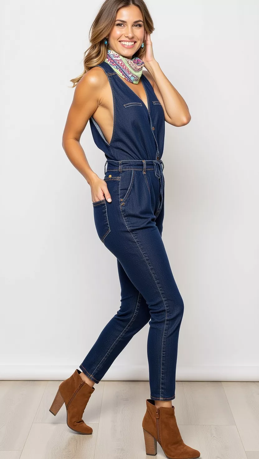 A beautiful woman in a dark wash denim jumpsuit, brown suede ankle boots, and a colorful patterned bandana scarf around her neck, she smiles.