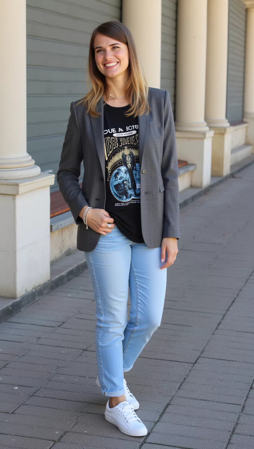 A beautiful woman in an oversized charcoal grey blazer, a vintage band tee, light wash straight-leg jeans, and classic white sneakers, smiling.