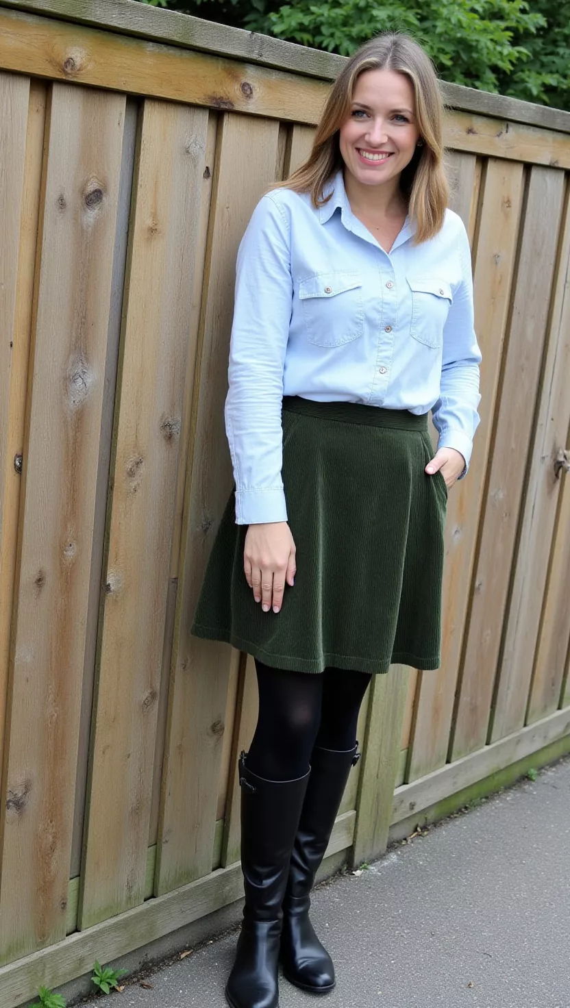 A beautiful woman in a light wash denim shirt, a dark green corduroy A-line skirt, black opaque tights, and black knee-high boots, she stands by a wooden fence.