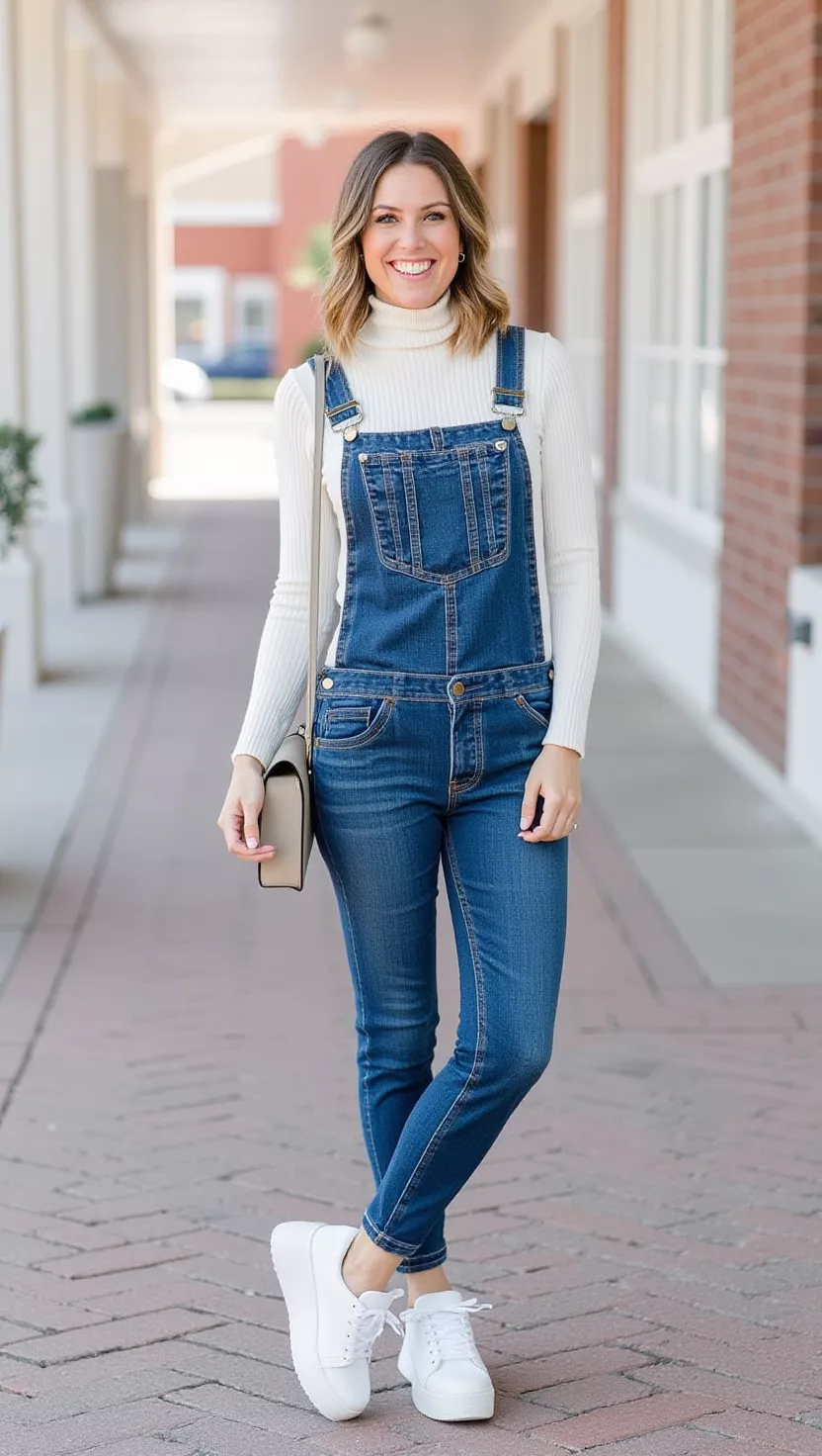 A beautiful woman in a dark wash denim jumpsuit, a cream knit turtleneck underneath, and white platform sneakers, smiling brightly.