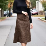 A beautiful woman in a brown and black plaid midi skirt, a black long-sleeve knit top, and black block heel ankle boots.