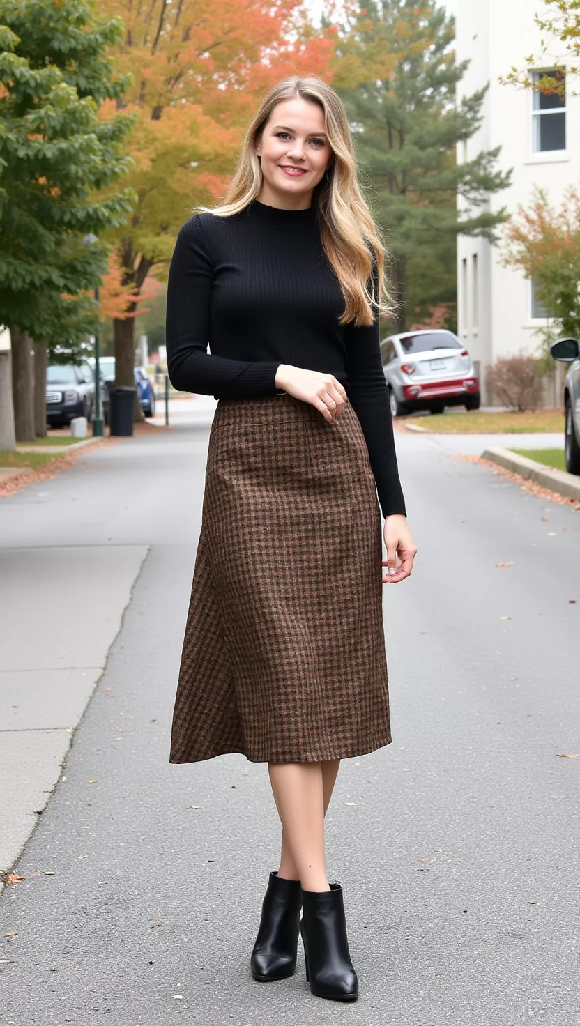 23 Summer to Fall Transition Outfits for Women in 2025 A beautiful woman in a brown and black plaid midi skirt, a black long-sleeve knit top, and black block heel ankle boots.