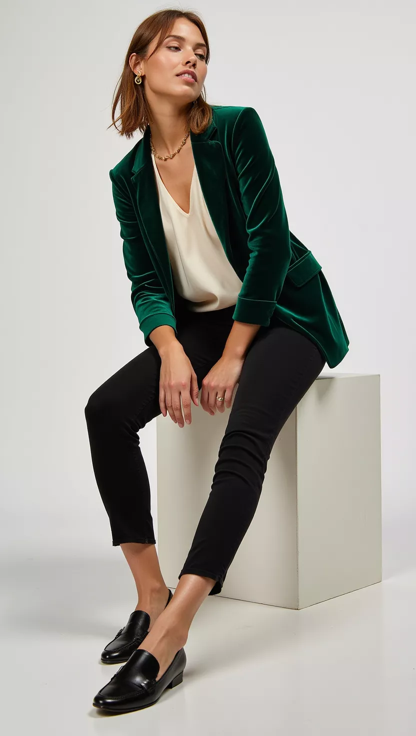 A beautiful woman in a forest green velvet blazer, a cream silk cami, black skinny pants, black loafers, and a delicate gold necklace, seated elegantly.