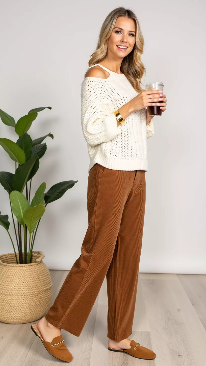 A beautiful woman in a cream chunky knit sweater, brown wide-wale corduroy pants, tan suede backless mules, and a simple gold bangle bracelet, holding a warm drink.