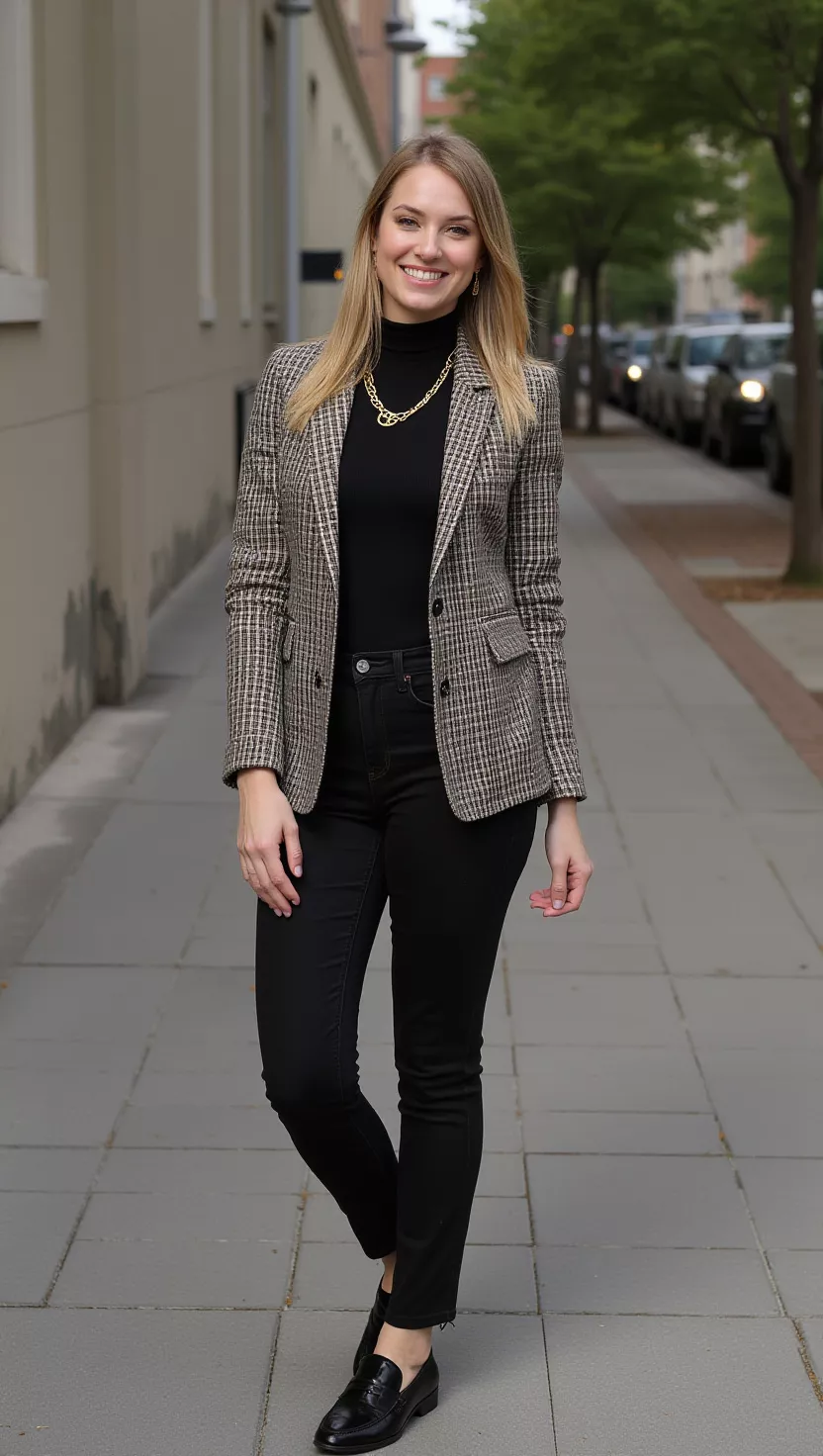 A beautiful woman in a checked blazer, a black turtleneck, black slim-fit jeans, black loafers, and a gold chain necklace, smiling confidently.