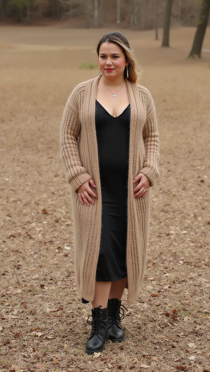 A beautiful woman in a long, chunky beige knit cardigan over a silky black slip dress, with black combat boots, standing in a field of dry leaves.