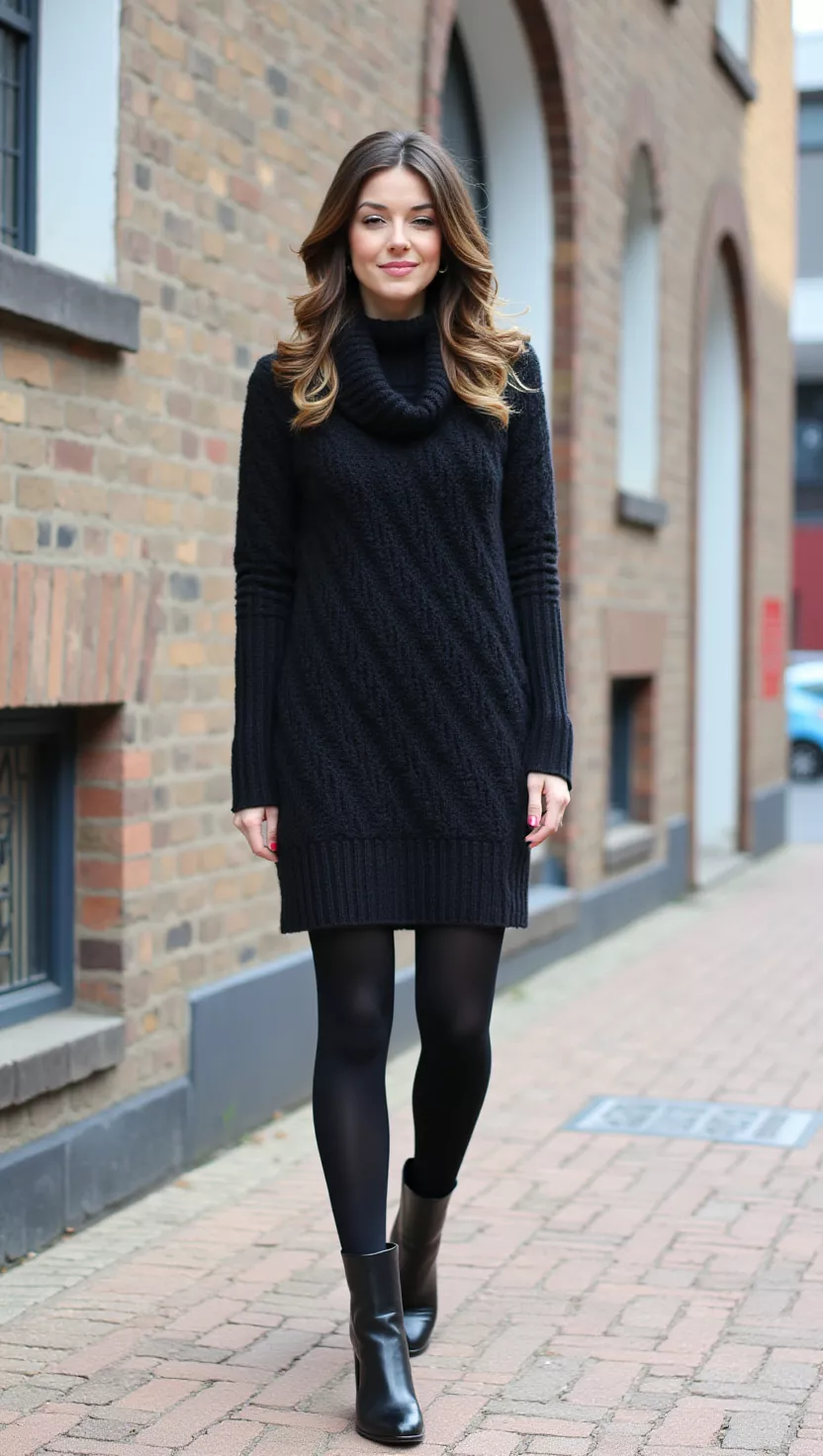 A beautiful woman in a black chunky turtleneck sweater dress, black opaque tights, and black leather chelsea boots.