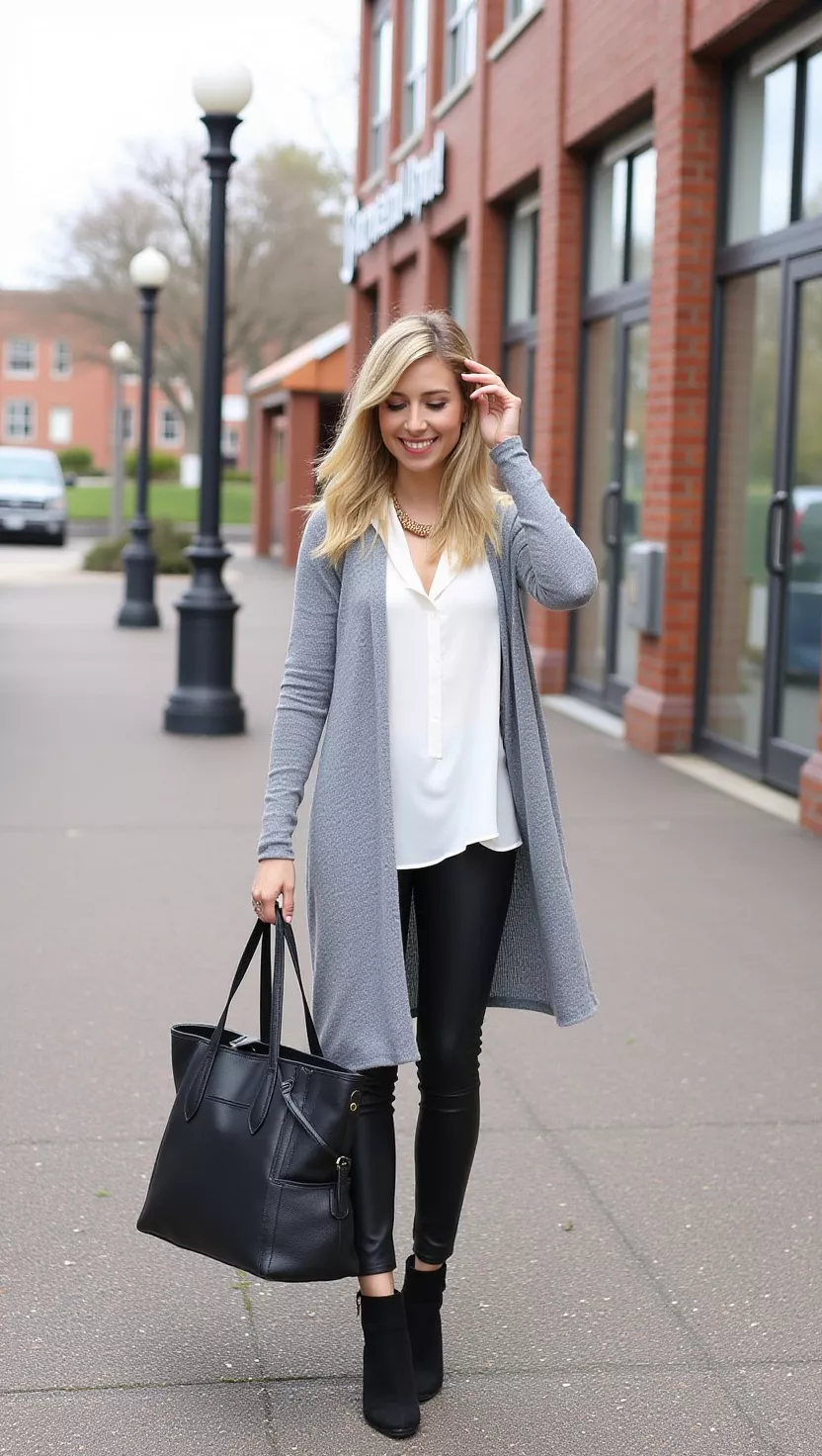 A beautiful woman in a long grey longline cardigan, a white silk blouse, black faux leather leggings, and black heeled ankle boots, she carries a large tote bag.