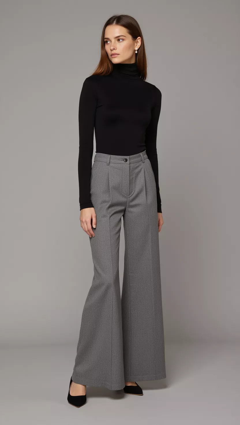 A beautiful woman in a fitted black merino wool turtleneck, flowing gray wide-leg trousers, delicate black ballet flats, and elegant pearl stud earrings, looking thoughtful.