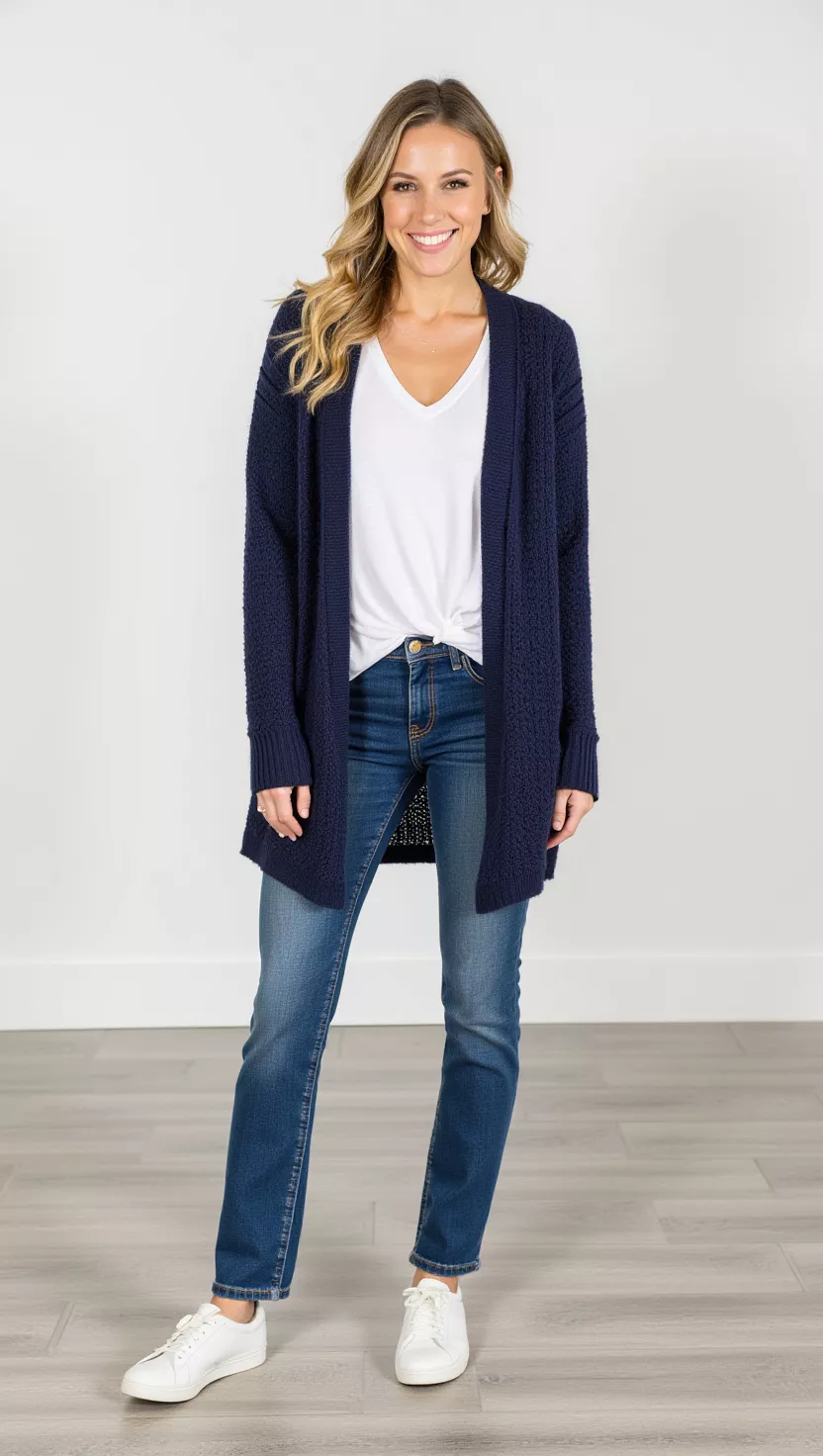 A beautiful woman in a navy oversized knit cardigan, a crisp white T-shirt, classic blue straight-leg jeans, and clean white sneakers, with a casual smile.
