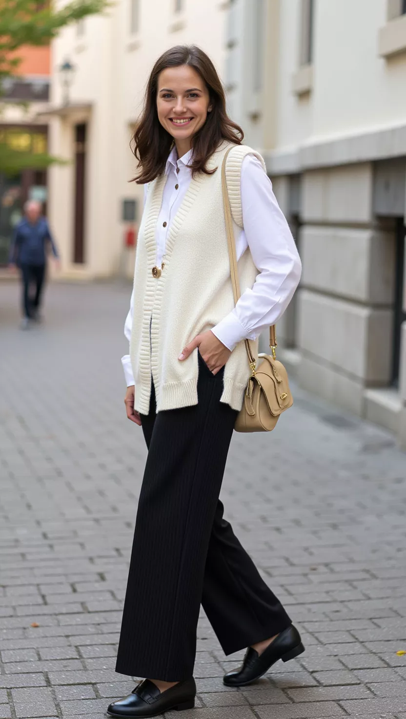 A beautiful woman in a cream sweater vest, a white oversized button-up shirt, black pleated trousers, and black loafers.