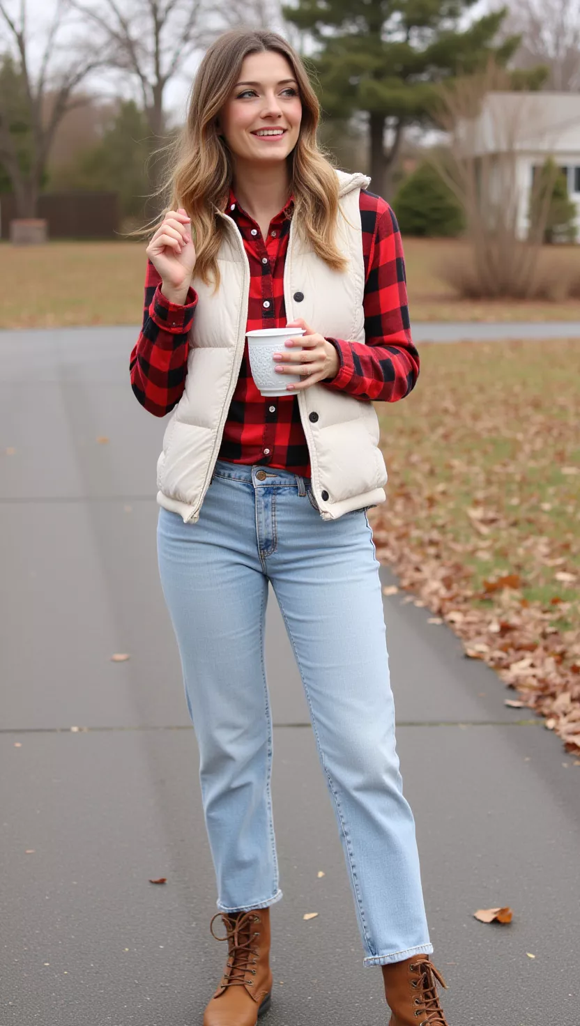 A beautiful woman in a red and black plaid flannel shirt, a cream knit vest, light blue straight-leg jeans, and sturdy brown work boots, holding a warm mug.