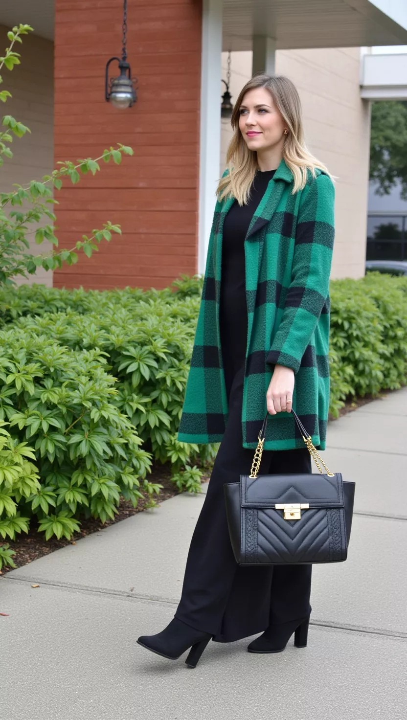 A beautiful woman in a green plaid oversized shacket, a black knit maxi dress, and black knee-high boots.