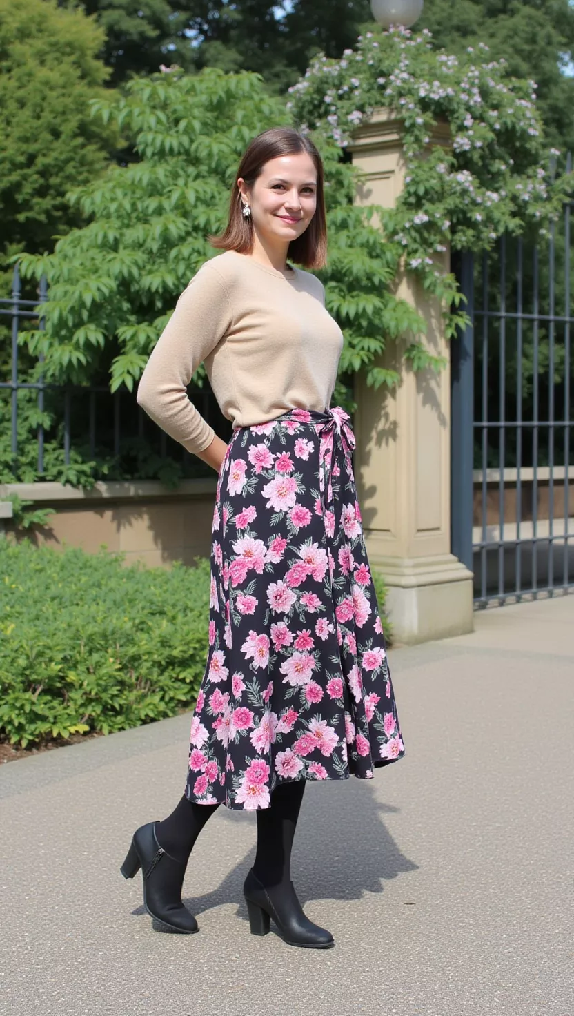 A beautiful woman in a soft camel cashmere sweater, a flowing floral midi skirt, opaque black tights, and black heeled ankle boots, standing in an elegant garden.
