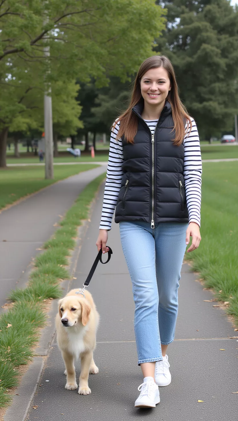 A beautiful woman in a black puffer vest, a striped long-sleeve shirt, light wash straight-leg jeans, and white classic sneakers, she walks a dog in a park.