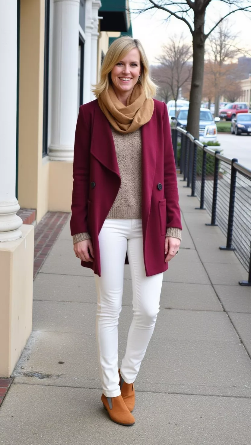 A beautiful woman in a maroon draped coat, fair isle sweater, cream skinny pants, tan suede mules, and an oversized tan scarf.