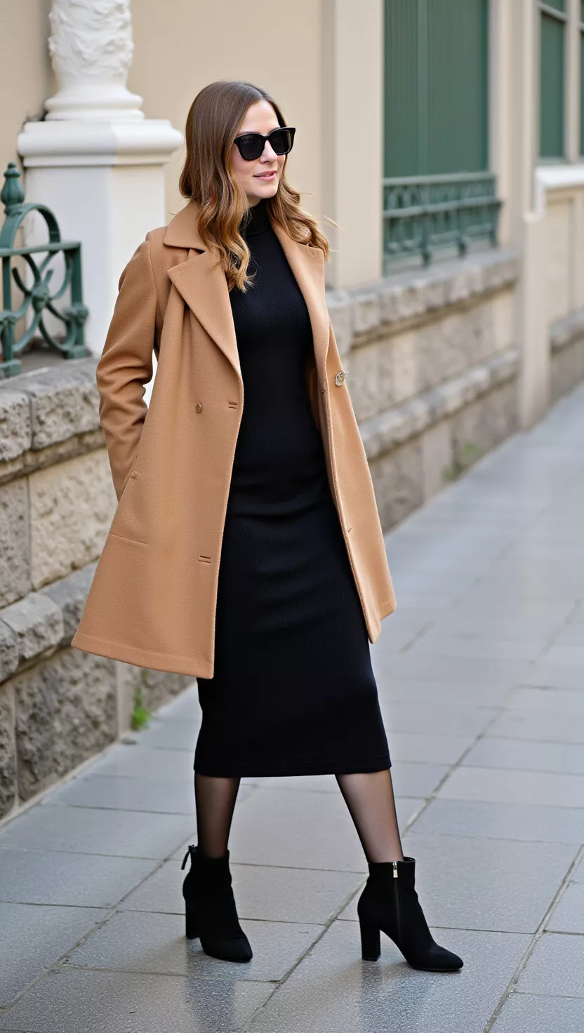 A beautiful woman in a sophisticated camel wool coat, a black fitted turtleneck midi dress, sheer black tights, and black block-heeled ankle boots, looking poised.