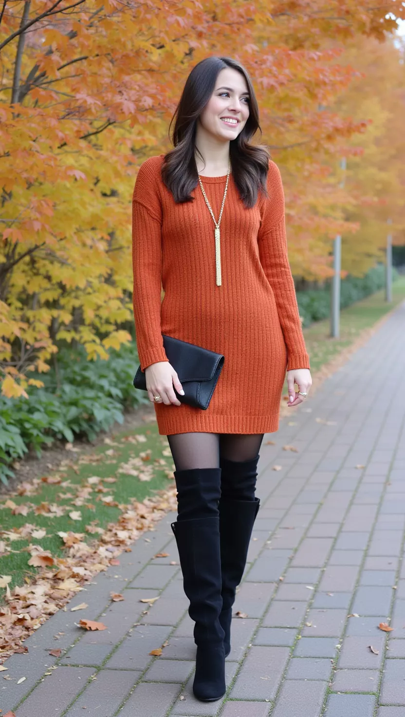 A beautiful woman in a rust-colored knit sweater dress, opaque black tights, black suede knee-high boots, and a delicate gold chain necklace, enjoying the autumn scenery.