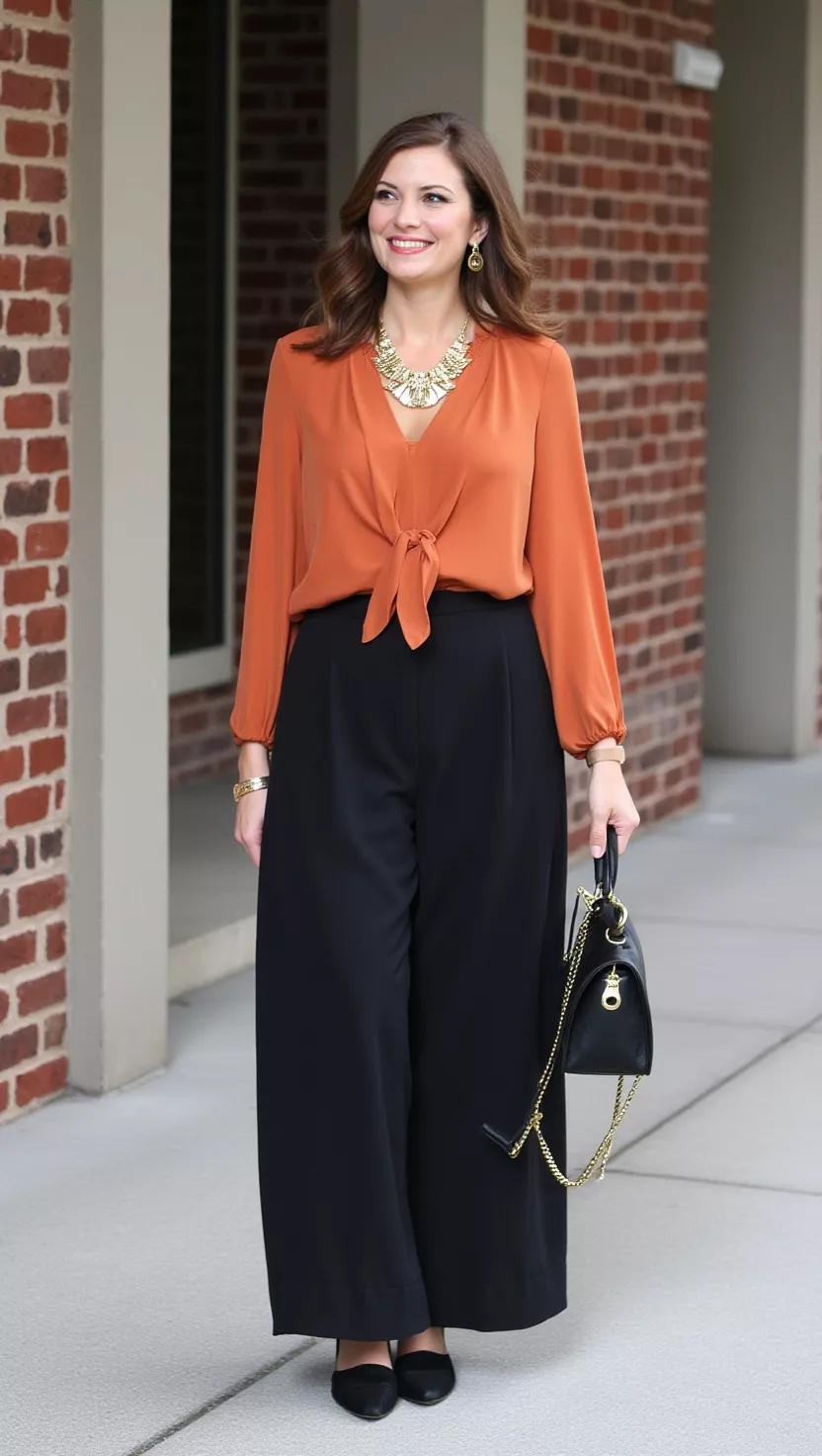 22 Warm Fall Outfits for Women in Autumn 2025 A beautiful woman in a rust orange blouse, black wide-leg trousers, black heeled mules, and a gold statement necklace, smiling softly.