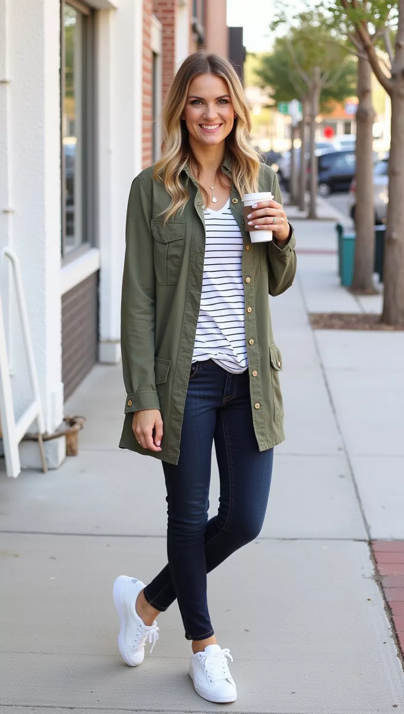 A beautiful woman in an olive green utility jacket, a white and navy striped long-sleeve tee, dark wash jeans, and white sneakers, holding a coffee cup.