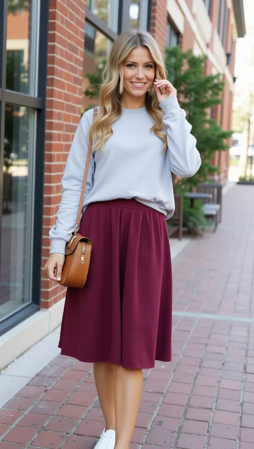A beautiful woman in a gray crewneck sweatshirt, a burgundy A-line midi skirt, and white fashion sneakers.