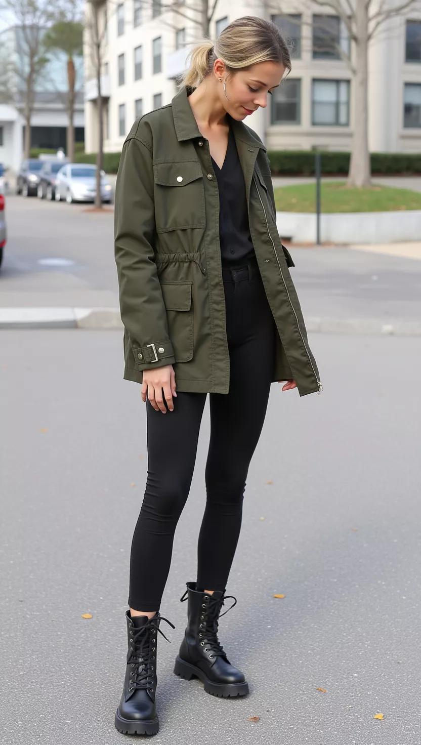 A beautiful woman in an olive green utility jacket, a black slim-fit long-sleeve shirt, black high-waisted leggings, black combat boots, standing outdoors.