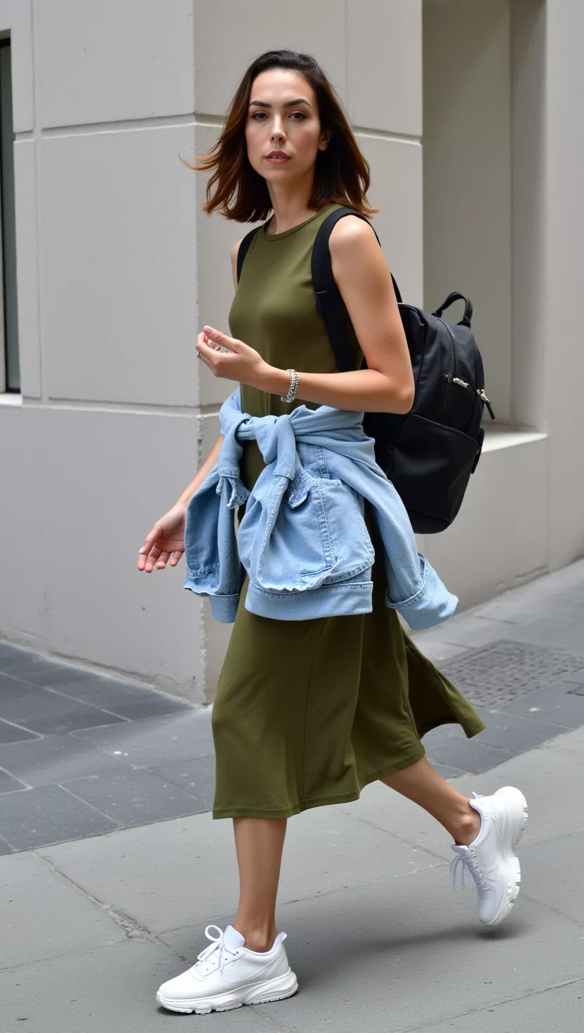 A beautiful woman in a flowing olive green midi dress, a classic blue denim jacket tied around her waist, clean white athletic sneakers, and a sleek black backpack, walking energetically.