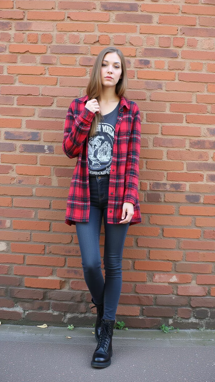 A beautiful woman in an oversized plaid shacket, a vintage-inspired graphic tee, dark wash skinny jeans, and black combat boots, she poses by a brick wall.