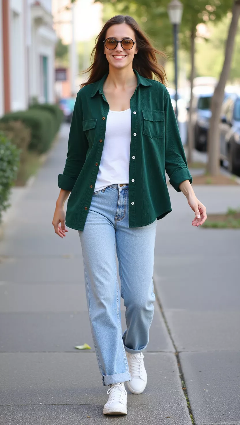 A beautiful woman in an unbuttoned forest green corduroy shirt over a white basic tee, light wash relaxed-fit jeans, and white canvas sneakers, walking happily.