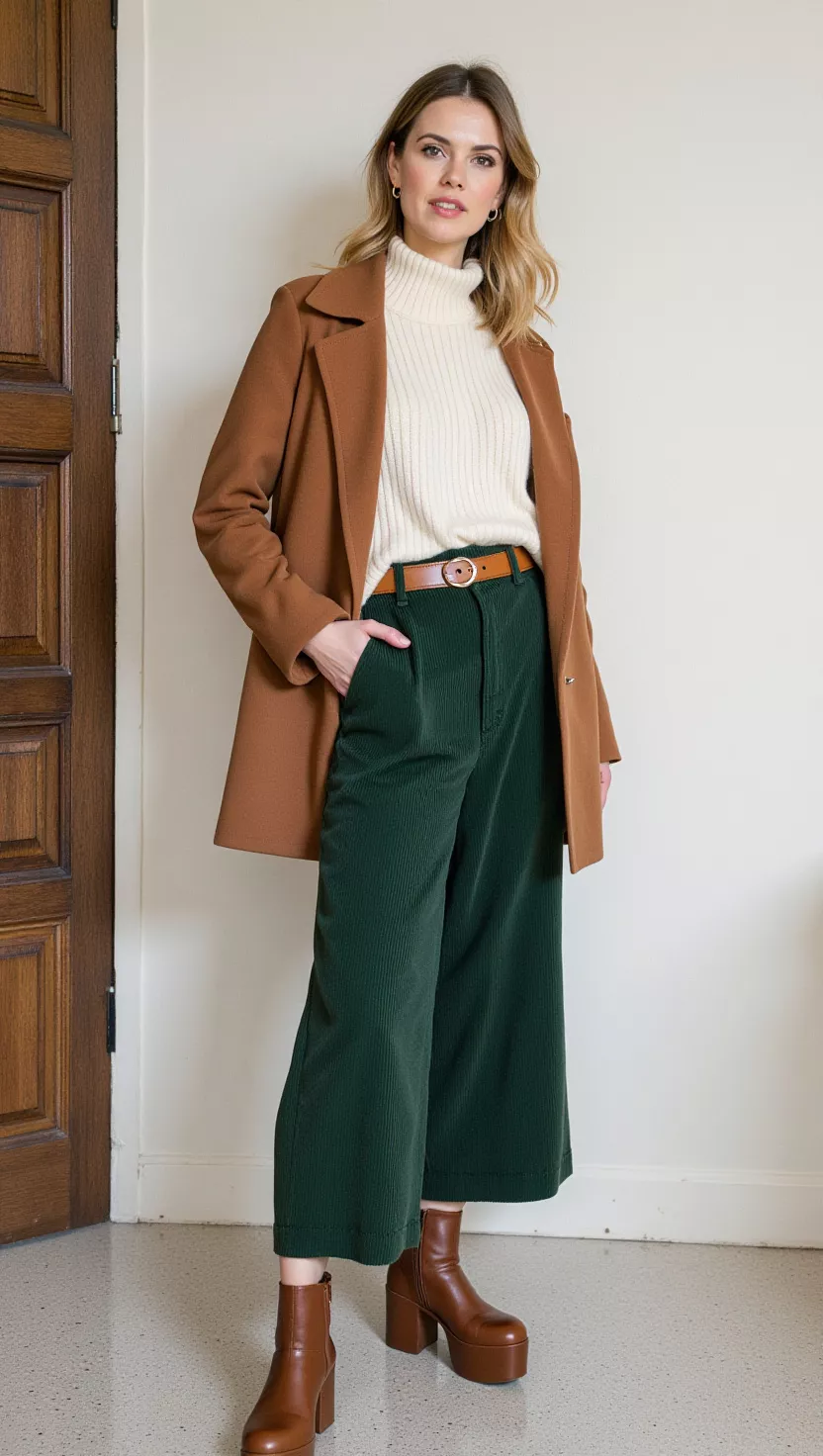 A beautiful woman in a long brown wool coat, a cream turtleneck sweater, green wide-leg corduroy pants, and brown platform ankle boots, standing elegantly.