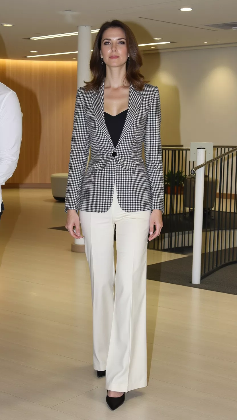 A beautiful woman in a tailored plaid blazer, a delicate black silk camisole, cream wide-leg trousers, and black pointed-toe heels, she stands in an office building.