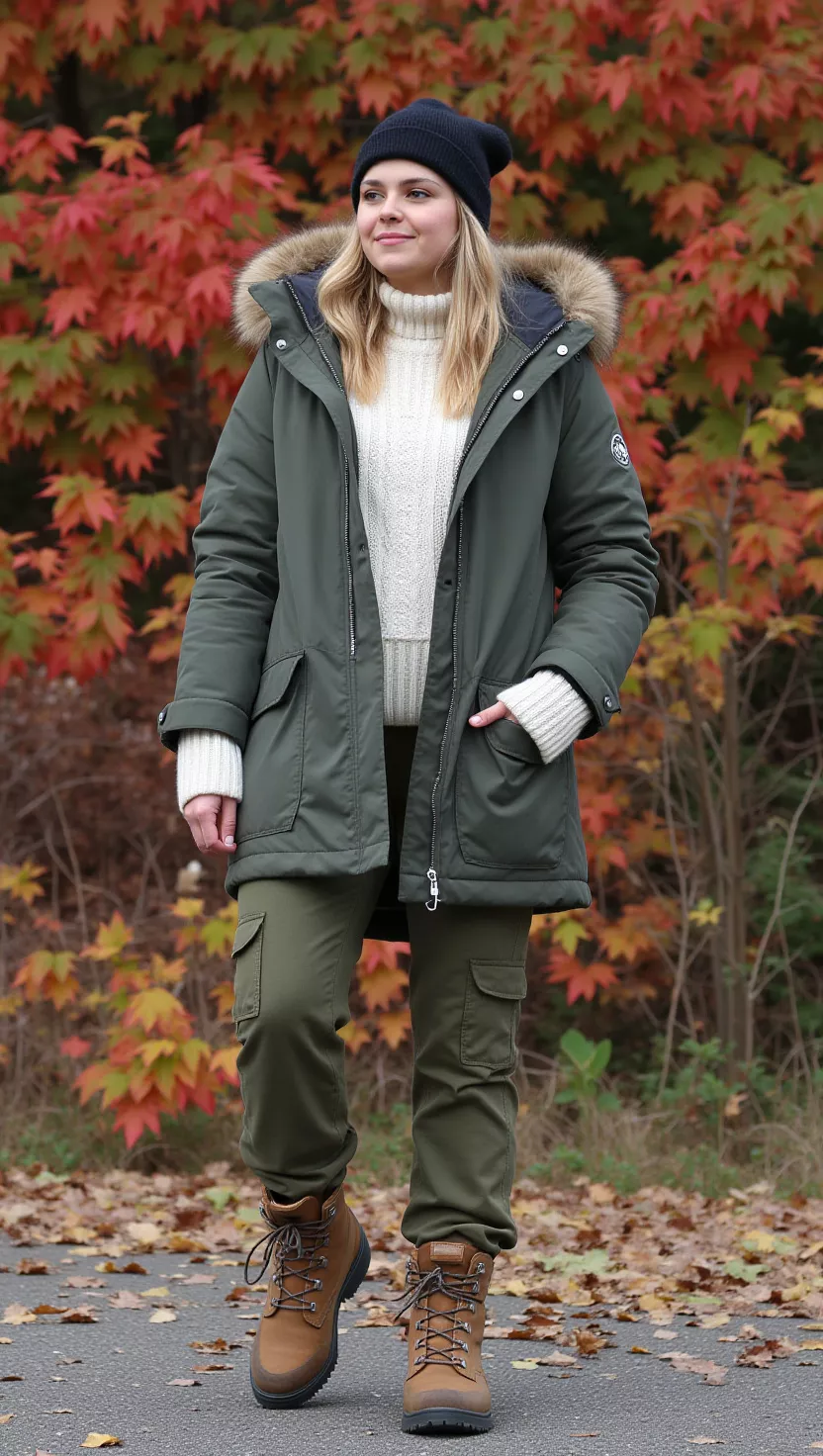 A beautiful woman in a dark green parka, a black beanie, a cream knit sweater, olive green cargo pants, and sturdy brown hiking boots, surrounded by autumn foliage.