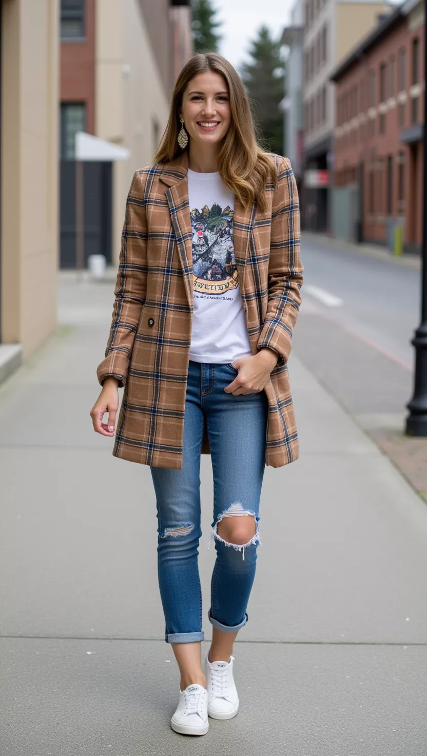 A beautiful woman in a brown and tan plaid shacket, a vintage-style graphic t-shirt, blue ripped jeans, and white leather sneakers.