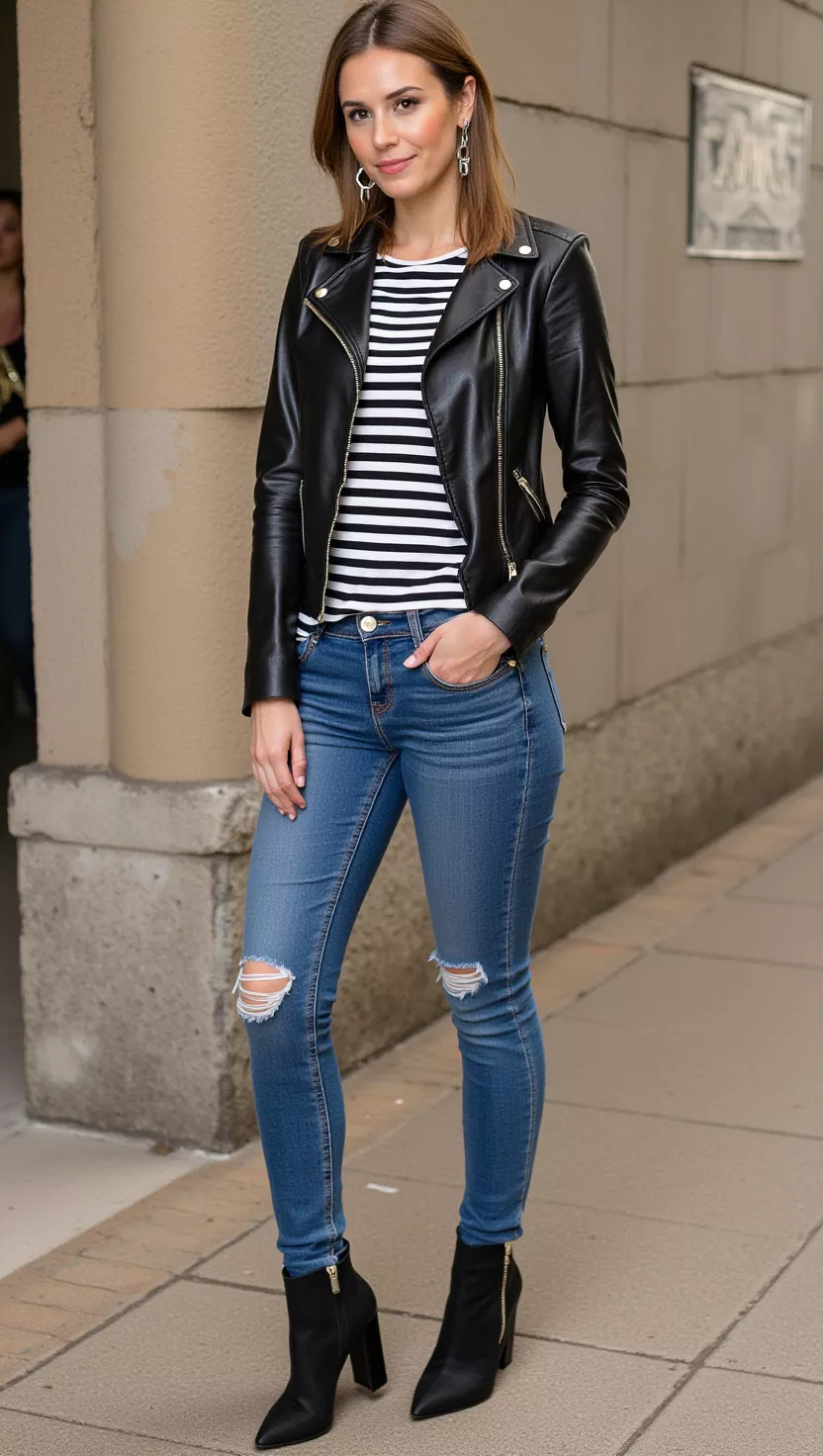 A beautiful woman in a black leather moto jacket, a black and white striped long-sleeve T-shirt, blue slim-fit jeans, and black leather ankle boots, looking cool and confident.