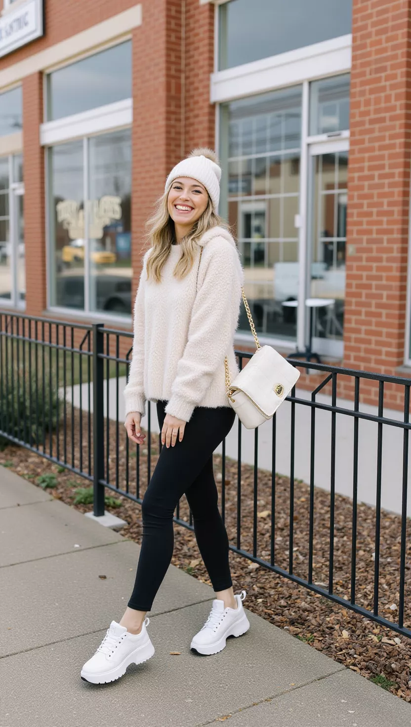 A beautiful woman in a cozy cream fleece pullover, black high-waisted leggings, chunky white sneakers, and a matching cream beanie, laughing.