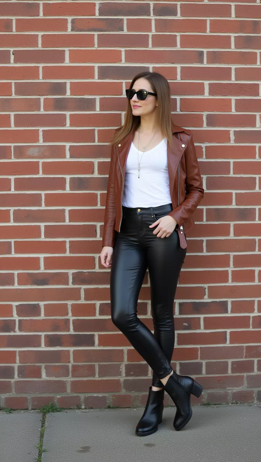 Brown Leather Jacket + White T-Shirt + Black Coated Skinny Jeans + Black Ankle Boots A beautiful woman in a brown leather jacket, white T-shirt, black coated skinny jeans, and black ankle boots, she leans against a brick wall.