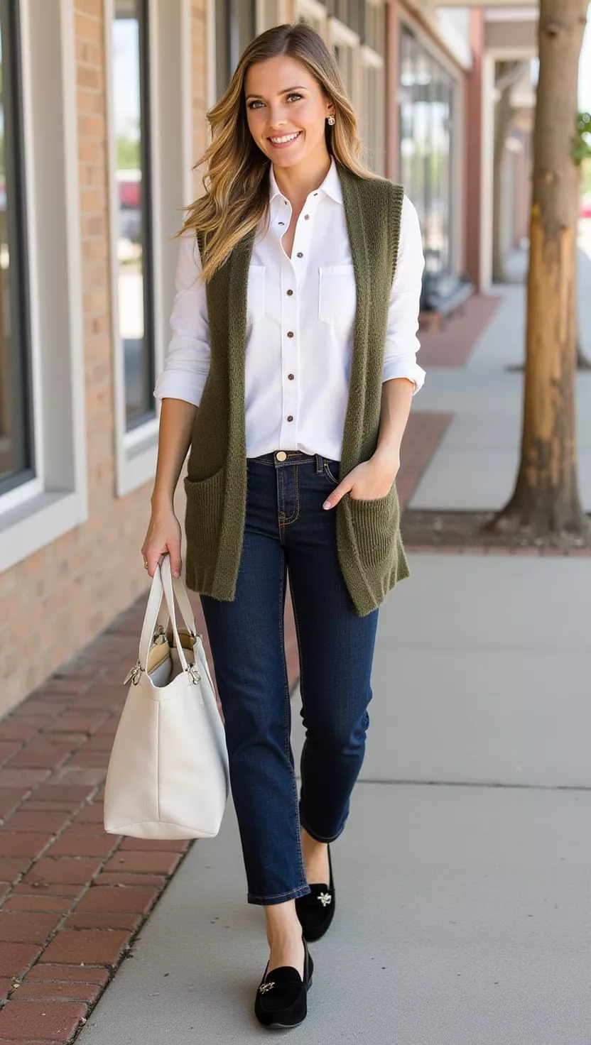 A beautiful woman in a white button-up shirt layered under an olive green sweater vest, dark wash straight-leg jeans, and black chunky loafers, she carries a canvas tote bag.