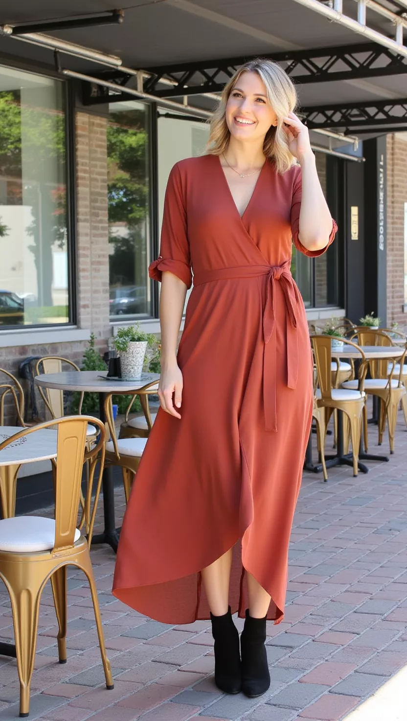 A beautiful woman in a deep rust-colored long-sleeve wrap dress, black suede ankle boots, and delicate gold necklace, she smiles in a sun-drenched cafe.