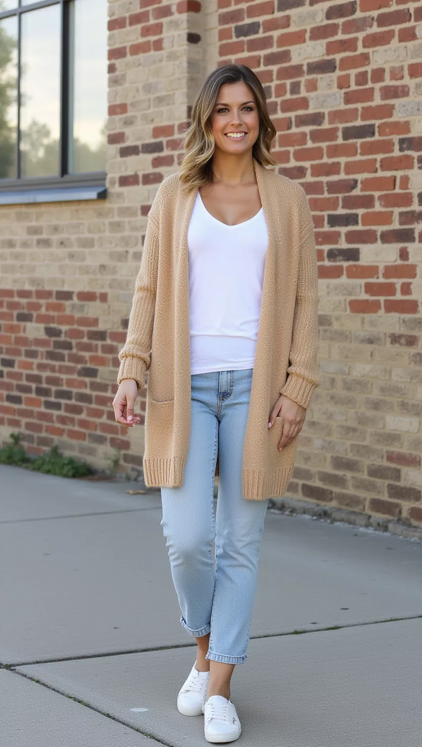 Camel Knit Cardigan + White V-Neck T-Shirt + Light Wash Straight-Leg Jeans + White Sneakers A beautiful woman in a camel knit cardigan, white V-neck T-shirt, light wash straight-leg jeans, and white sneakers.