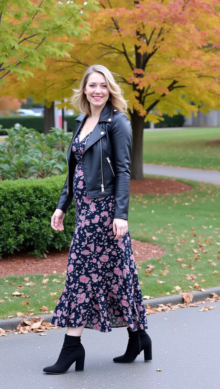 A beautiful woman in a black leather jacket, a dark floral print maxi dress, and black heeled booties, she walks through a park with colorful leaves.