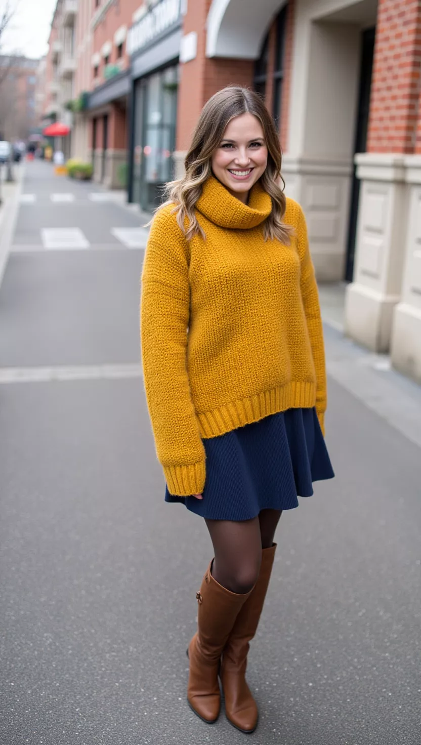 Mustard Yellow Knit Sweater + Navy Corduroy Skirt + Brown Tights + Knee-High Boots A beautiful woman in a mustard yellow knit sweater, navy corduroy skirt, brown tights, and brown knee-high boots, she smiles warmly.