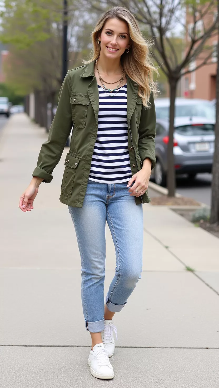 A beautiful woman in an olive green utility jacket, a navy and white striped t-shirt, cuffed light wash boyfriend jeans, and white sneakers, she wears small hoop earrings.