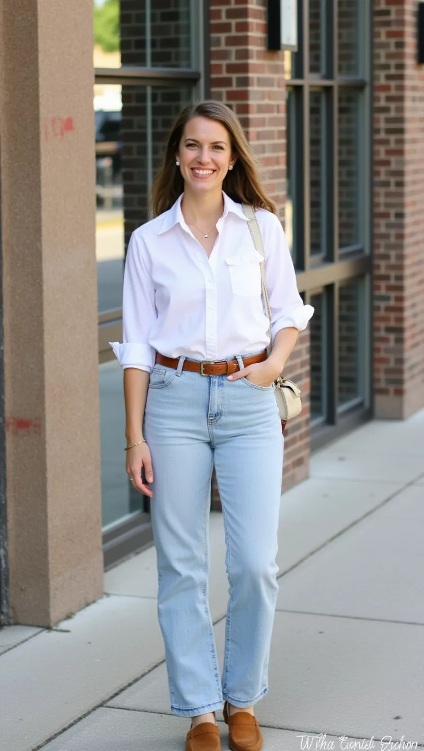 A beautiful woman in a crisp white oversized poplin shirt, light wash straight-leg jeans, a classic brown leather belt, and tan suede loafers, with an easy smile.